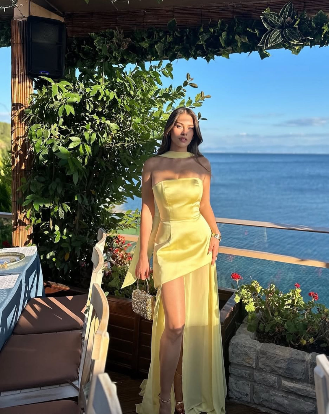 Strapless Yellow Prom Dress Satin Wedding Guest Dress Birthday Outfit J7650