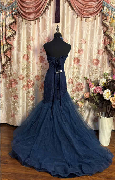 Sweetheart Navy Blue Mermaid Long Prom Dress Vintage Evening Gowns J8641