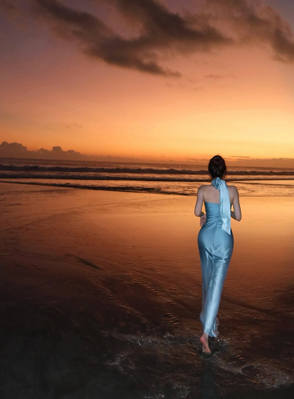 Halter Blue Sheath Satin Maxi Dress Sexy Birthday Dress J8002