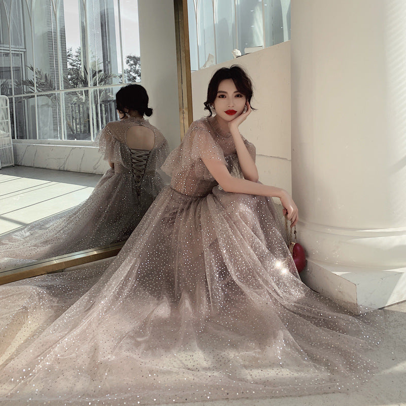 A Line Shiny Tulle Prom Dress Sparkly Long Evening Formal Gown 601