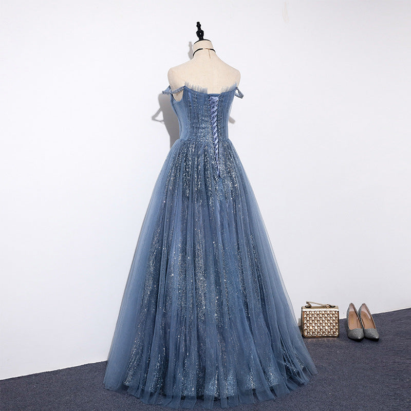 Off Shoulder Deep V Neck Prom Dress A Line Blue Evening Party Gown 685