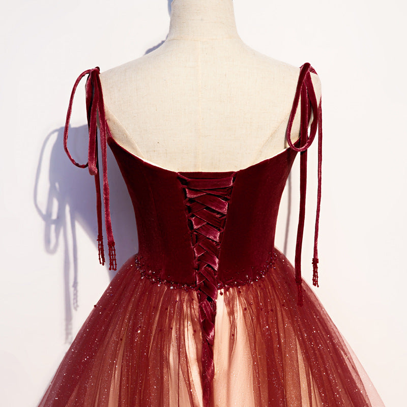 Robe de bal longue en tulle bordeaux dégradé, robe de soirée formelle, 300