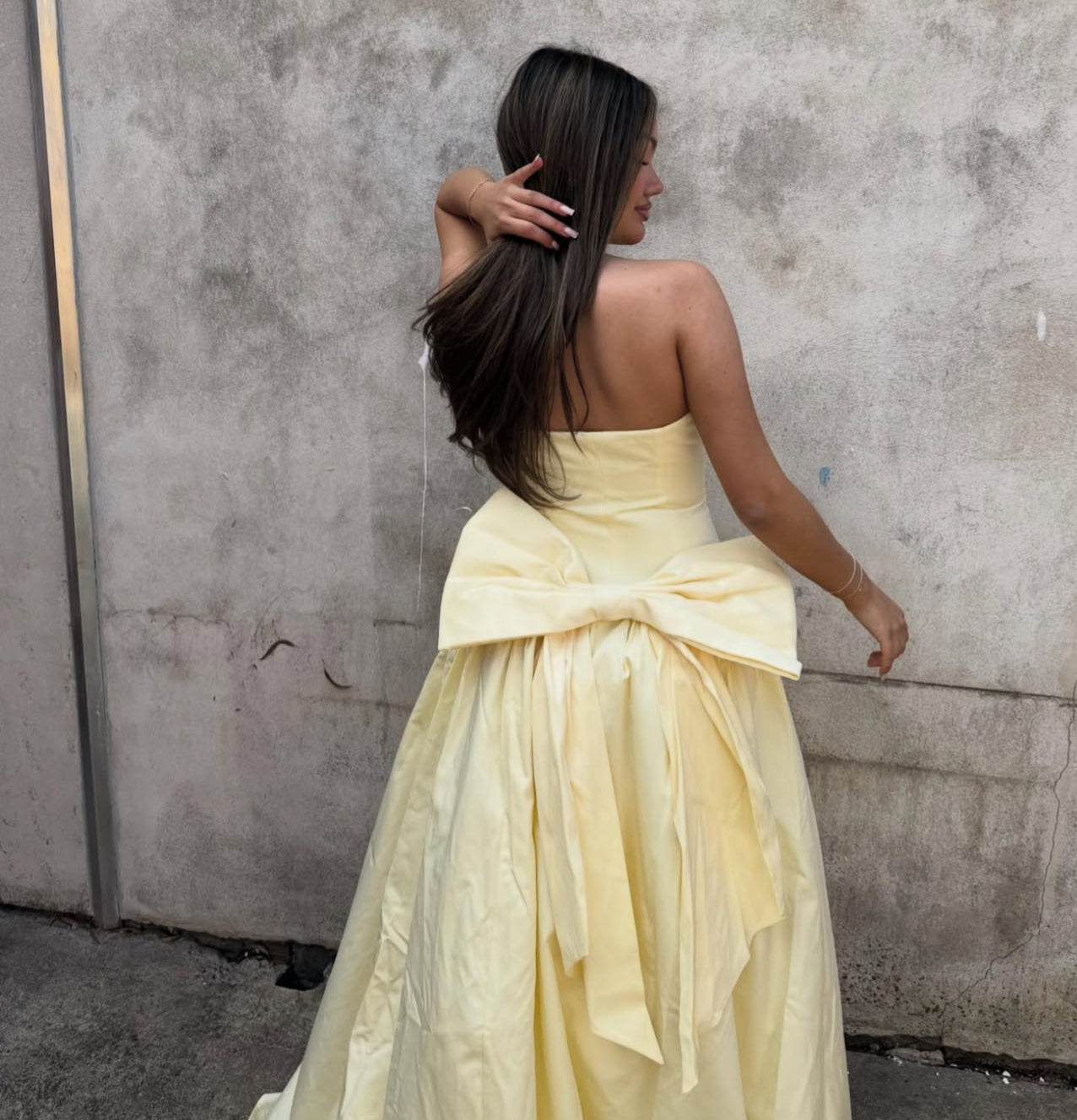 Strapless A Line Yellow Long Prom Dress With Bow Formal Evening Party Dress J8895