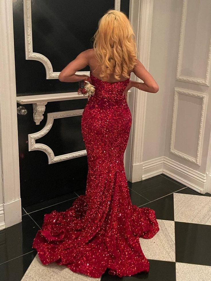 Red Mermaid Sweetheart Sequins Long Prom Dresses Sparkle Evening Dress J8459