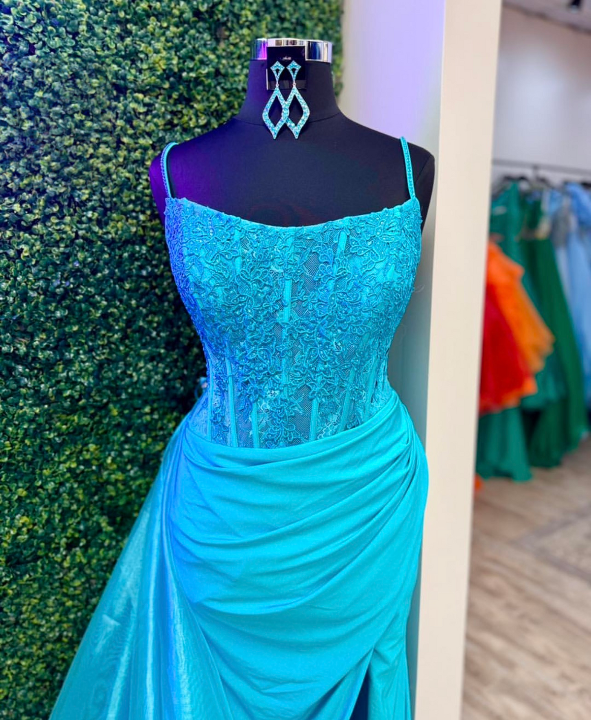 Spaghetti Straps Blue Satin Formal Prom Dress With Appliques J12209
