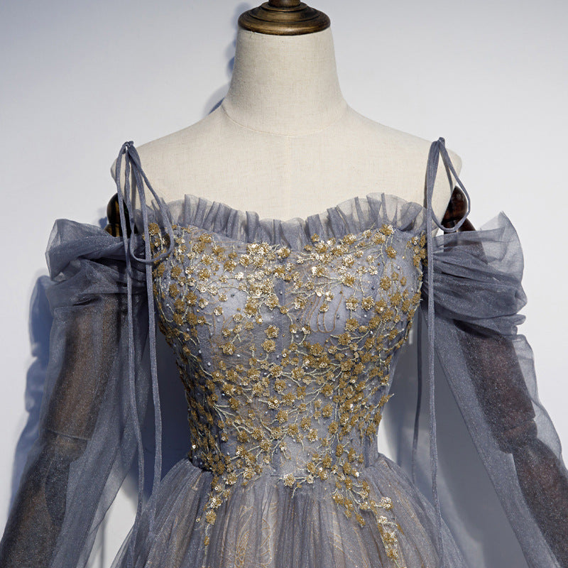 Off Shoulder A Line Tulle Prom Dress Gold Sequins Evening Party Gown 681