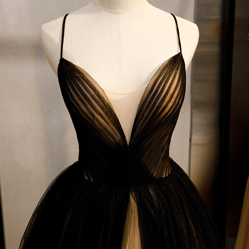 Spaghetti Strap Black A Line Prom Dress Tulle Formal Party Evening Dress 696