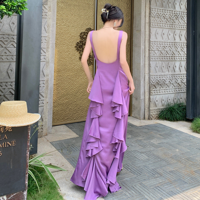 Lila Satin rückenfreies Kleid V-Ausschnitt Sommer Rüschen langes formelles Kleid 1087
