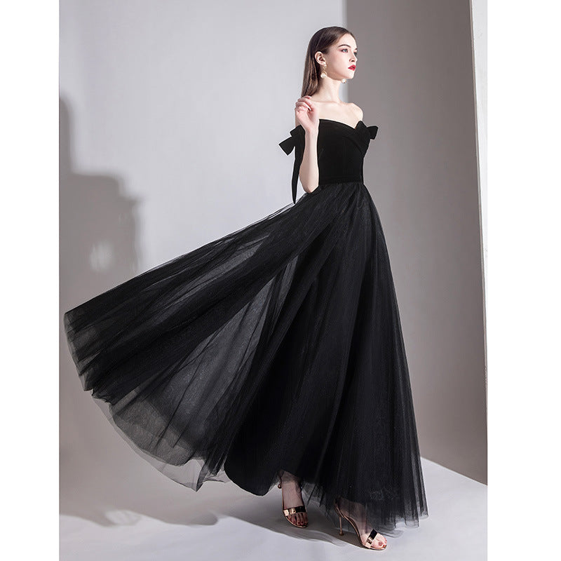 Robe de bal longue en tulle à épaules dénudées, robe de soirée formelle noire 499