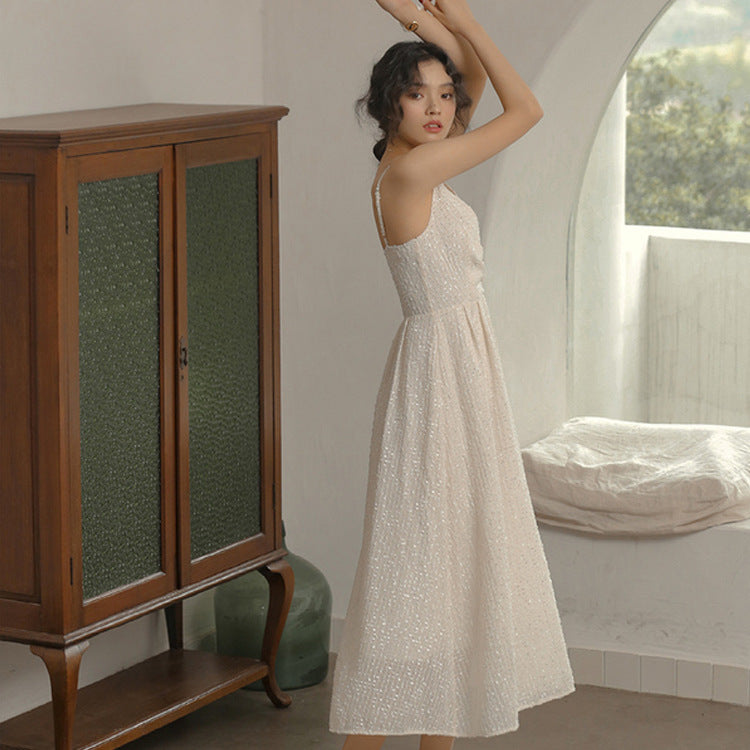 Shiny Spaghetti Strap Dress V Neck Fairy Chiffon Dress 1070