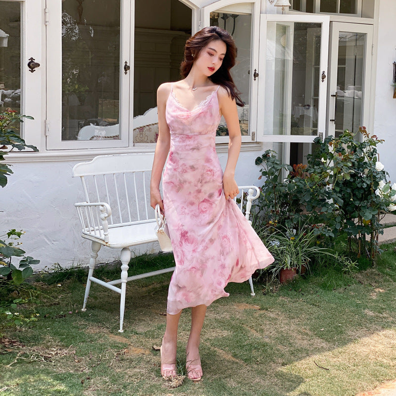 Fairy Spaghetti Strap Dress Summer Pink Printed Long Dress 1072