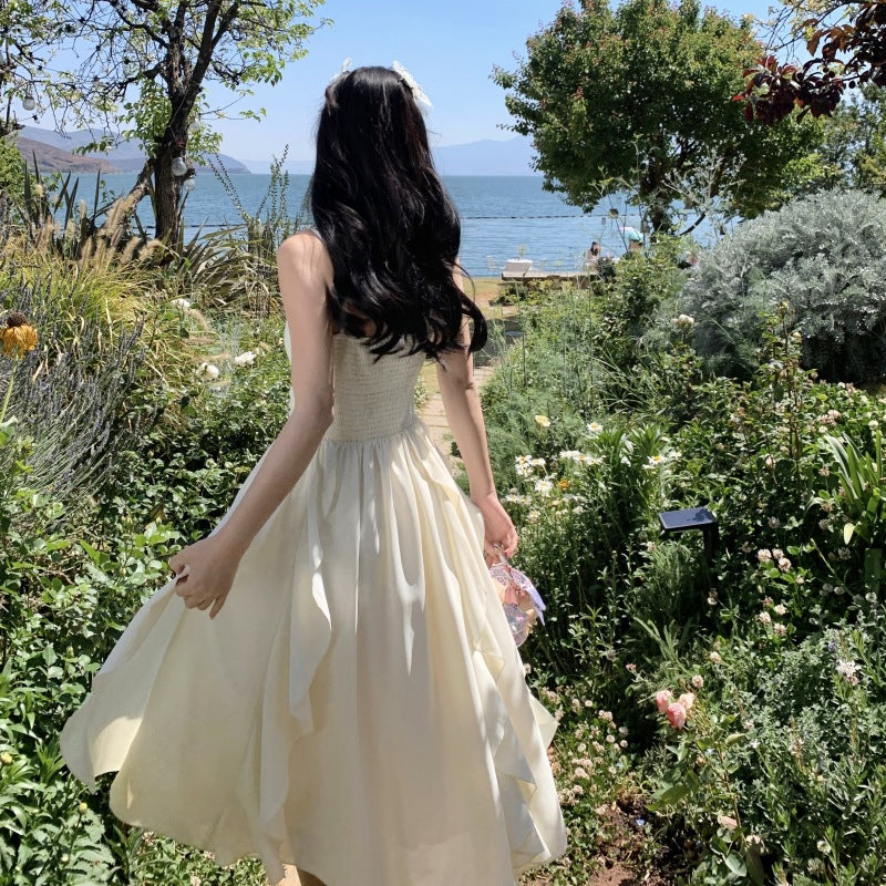 Feenhaftes, elegantes Sommerkleid mit Rüschen und V-Ausschnitt, langes Kleid 1079