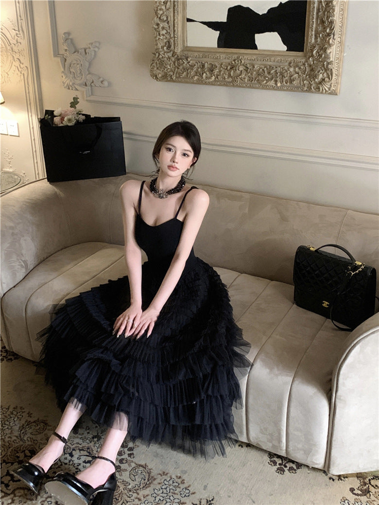Retro Black Spaghetti Strap Dress Mesh Layered Long Dress 1089