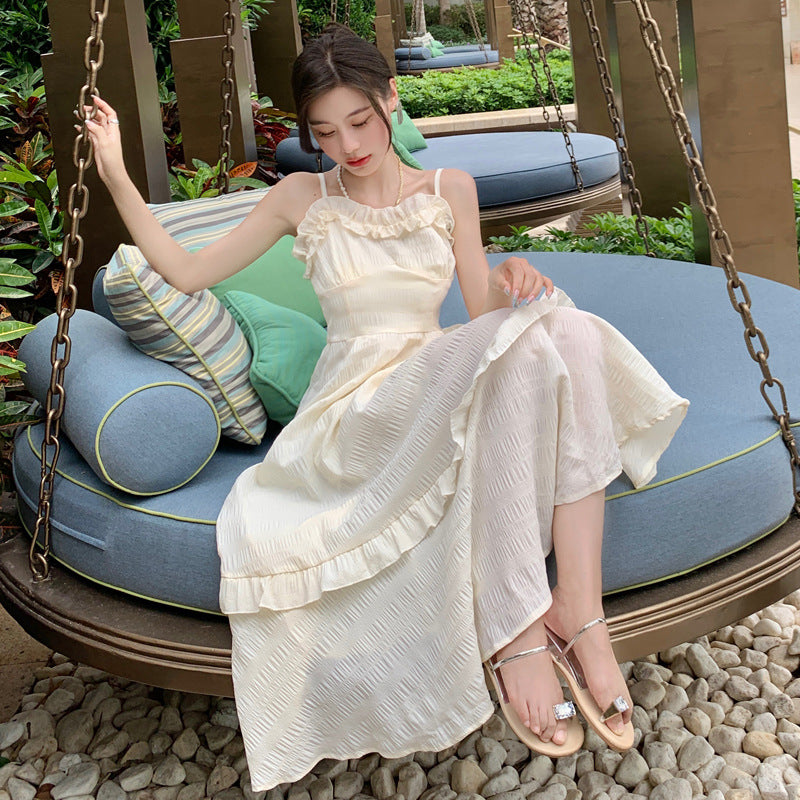 Rüschenkleid mit Spaghettiträgern, süßes französisches Sommerkleid 1081
