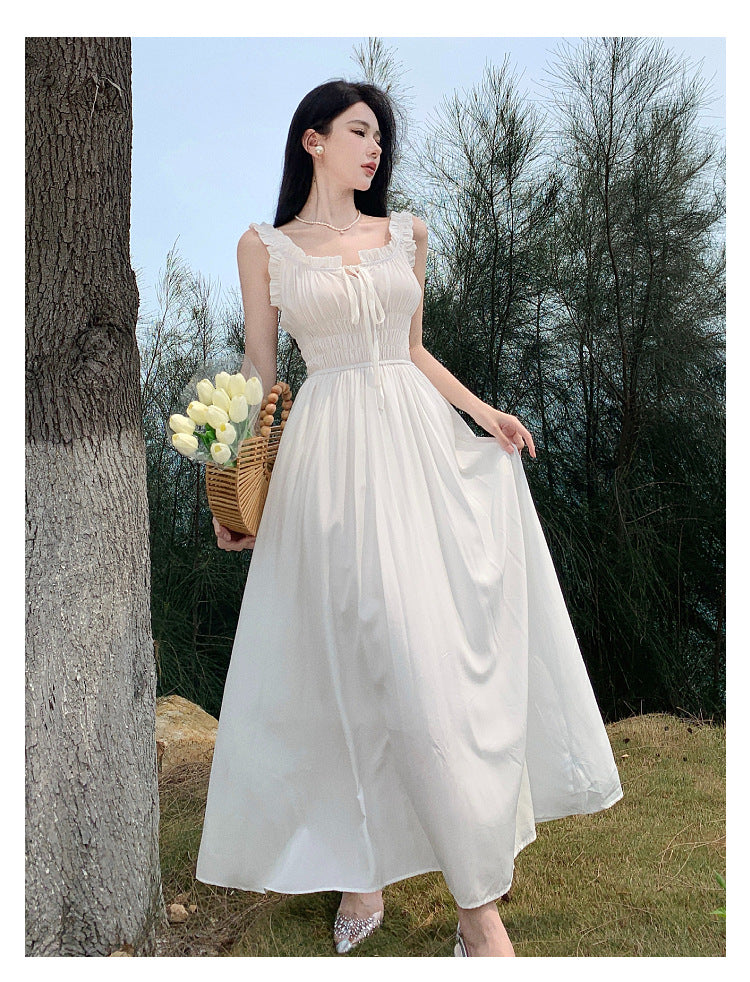 Französisches Feenkleid mit quadratischem Ausschnitt, Sommer-Plissee-Langrock 1073