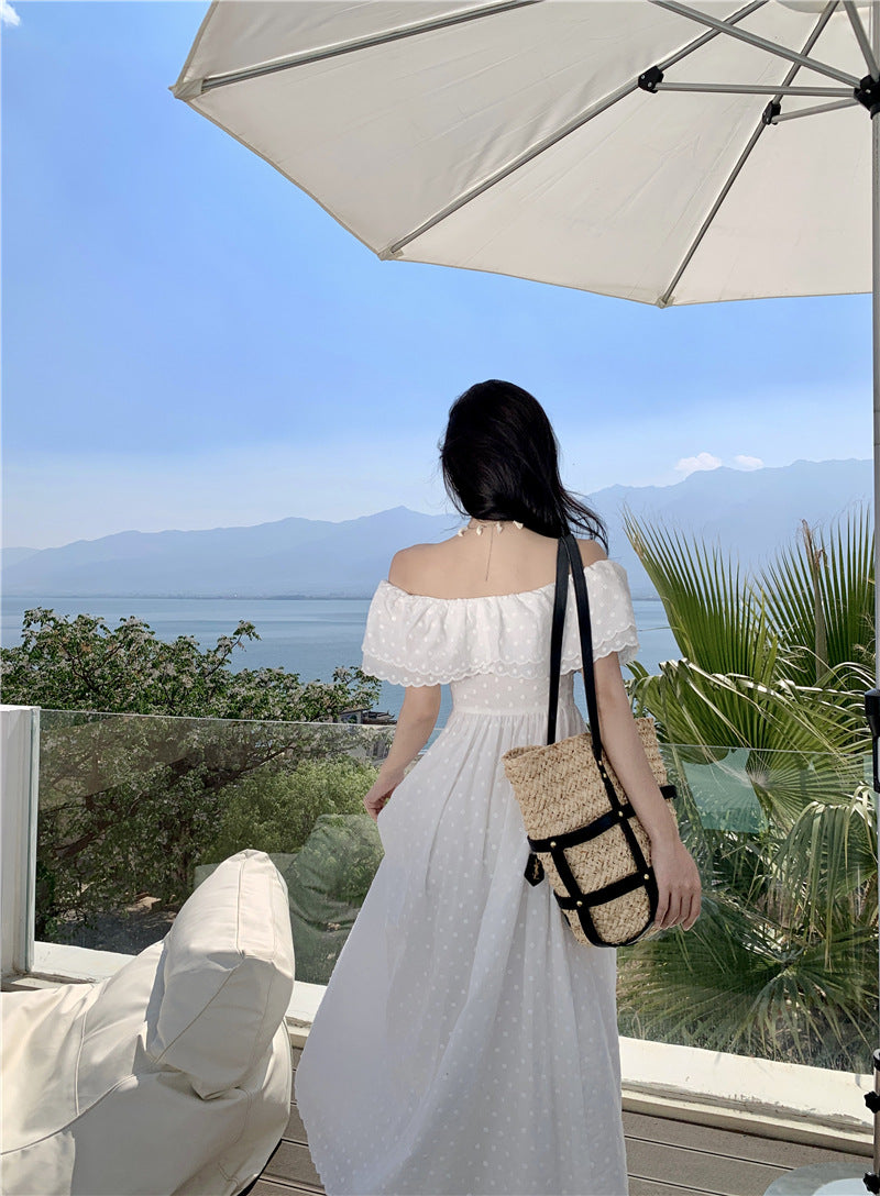 Schulterfreies Sommerkleid, besticktes Feen-Langkleid 1071