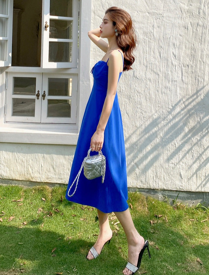 Robe d'été sexy bleu clair à col en V et nœud papillon plissé 1095