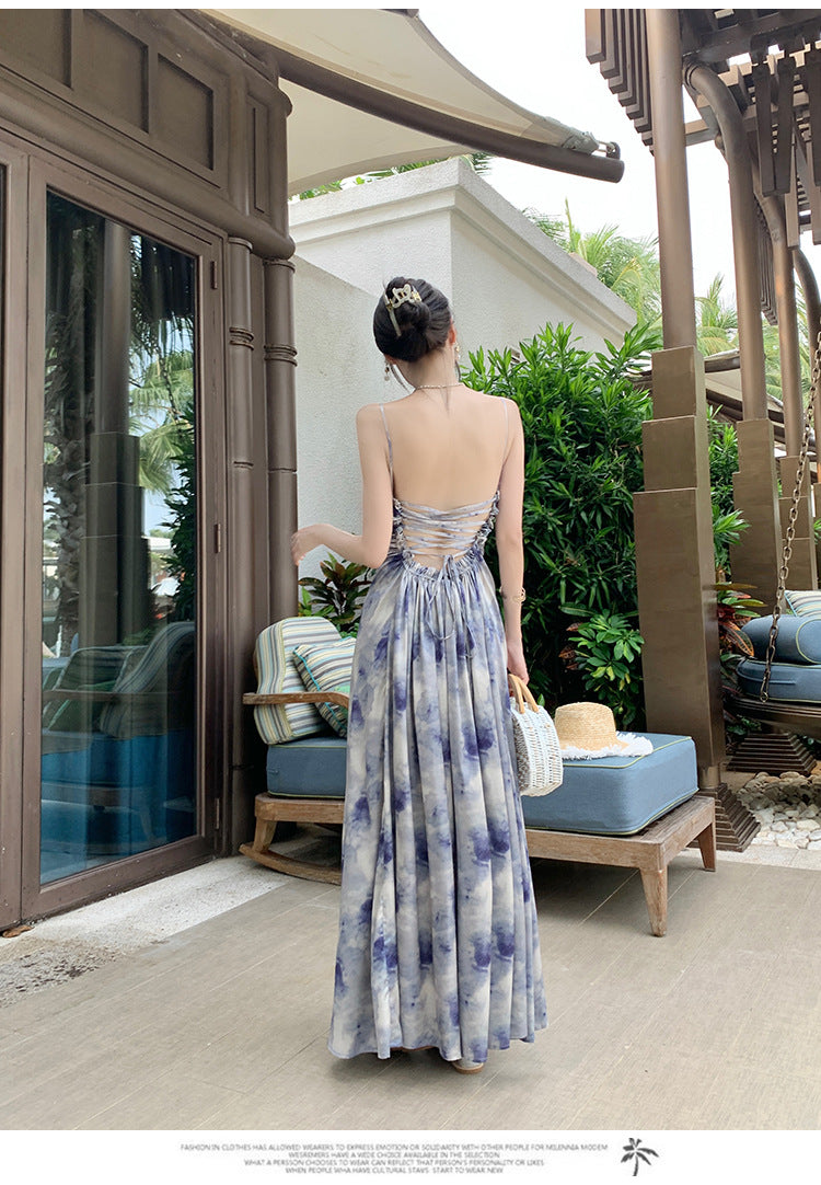 Satin bedrucktes Kleid mit Spaghettiträgern, Sommer, rückenfrei, langer Rock 1074