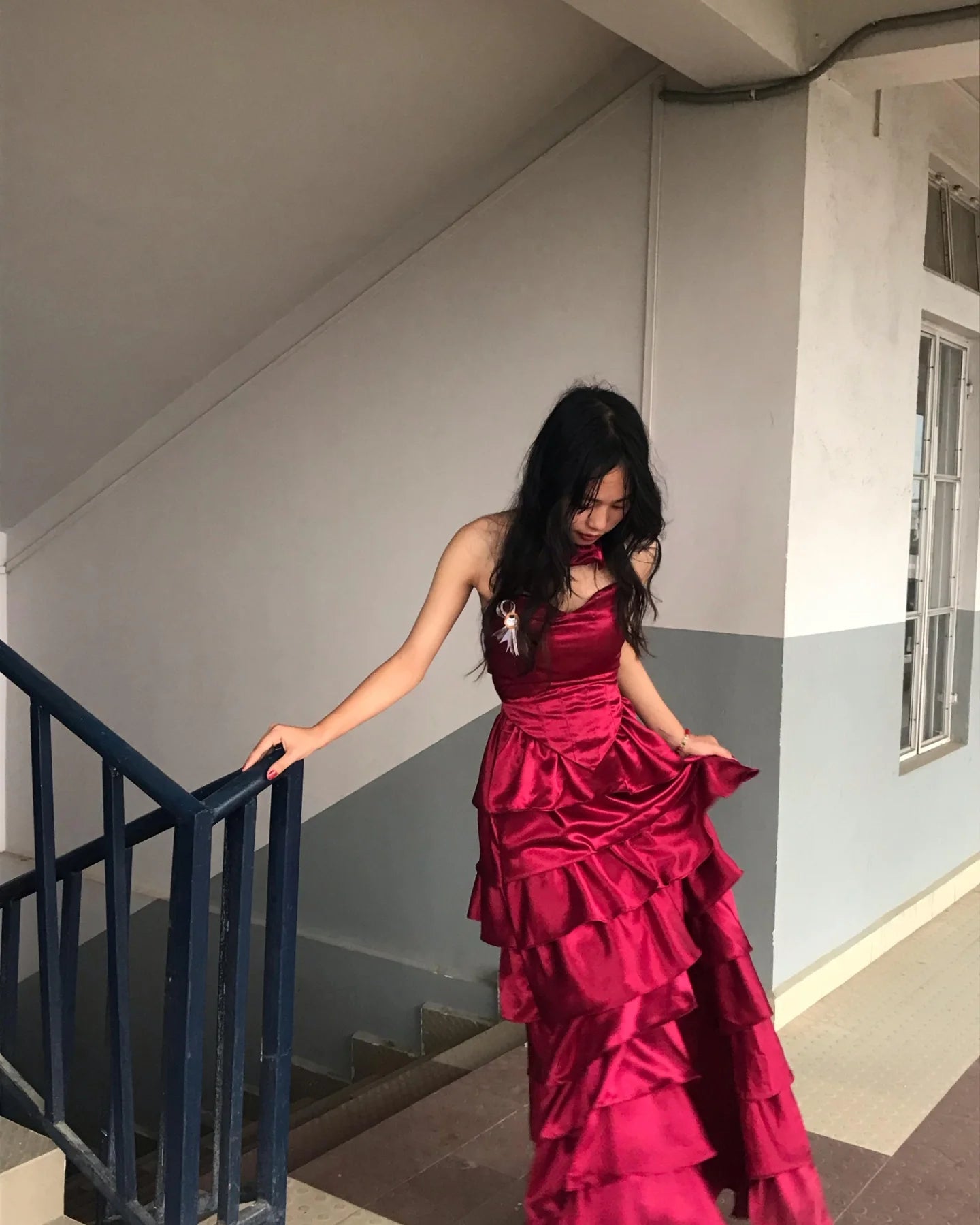 A Line Satin Burgundy Prom Dress Tiered Formal Evening Dress J7046