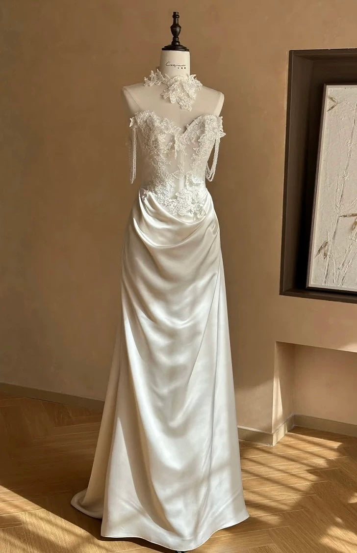 Off Shoulder White Wedding Dress Pearl Strap Bridal Dress J7733