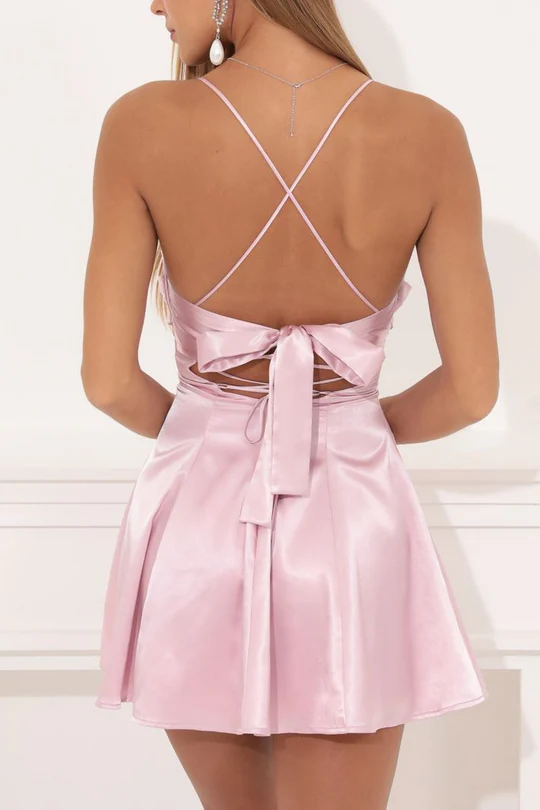 Rosa Spaghettiträger Satin Kurzes Cocktail Homecoming Kleid J6976