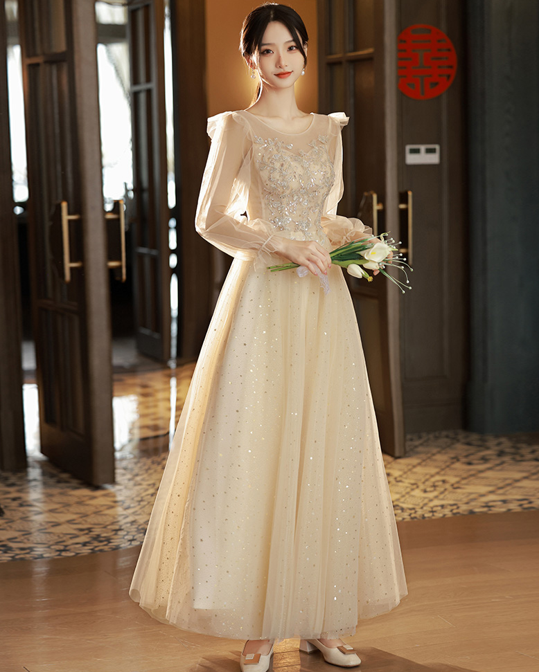 Robe de bal longue coupe A champagne, robe de soirée formelle brillante, robe de demoiselle d'honneur 559