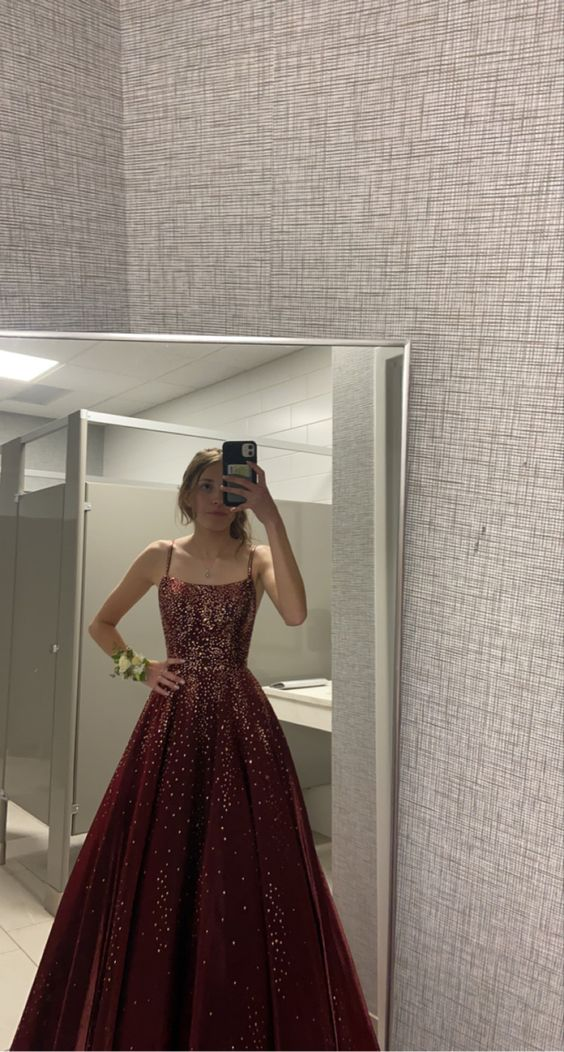 Spaghettiträger A-Linie Burgunderrot Langes Ballkleid J2630