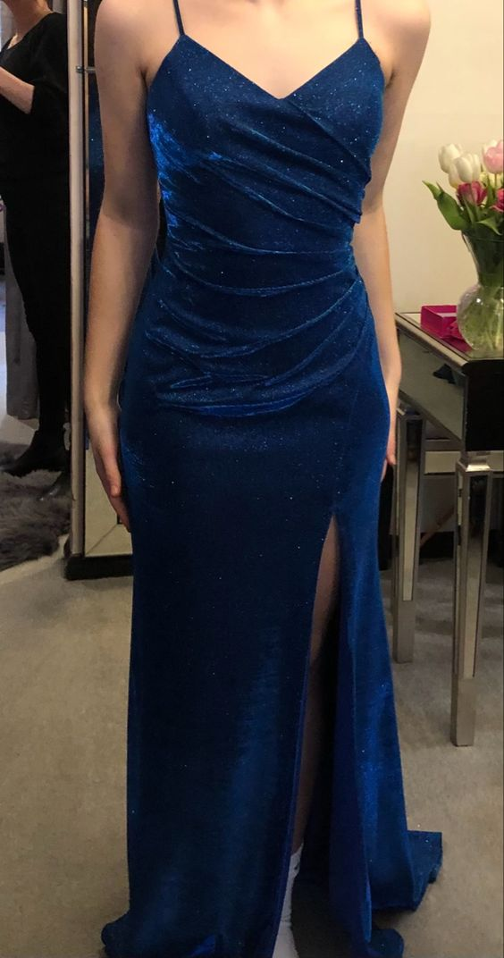 Robe de bal longue scintillante à bretelles spaghetti et fente, bleu marine, J2649