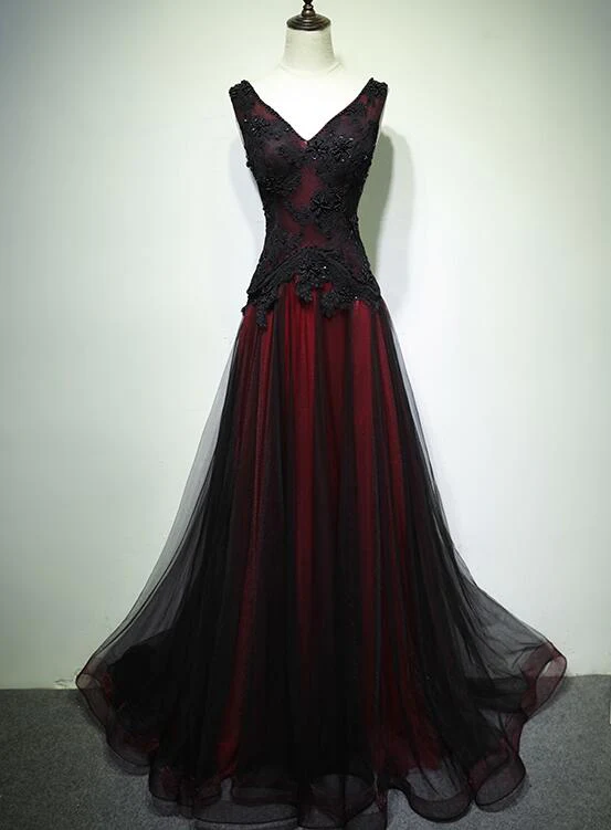 Robe de bal trapèze noire et rouge, col en V, en tulle, longue robe de soirée perlée, J2692