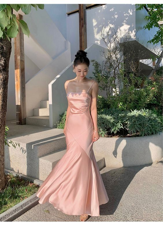 Robe de bal sirène rose longue à bretelles spaghetti J2666