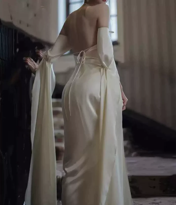 Ivory Satin Sheath Long Prom Dresses Formal Party Dresses J2676