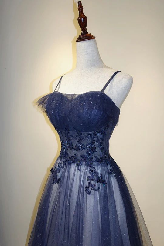 Marineblaues A-Linien-Tüll-Ballkleid mit Farbverlauf, lang, J2639