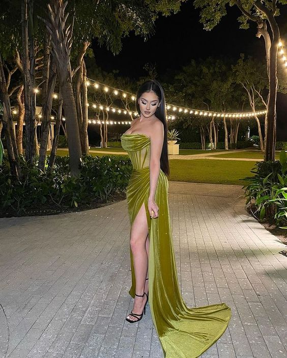 Robe de bal longue bustier en velours vert, style sirène, avec fente, 2498