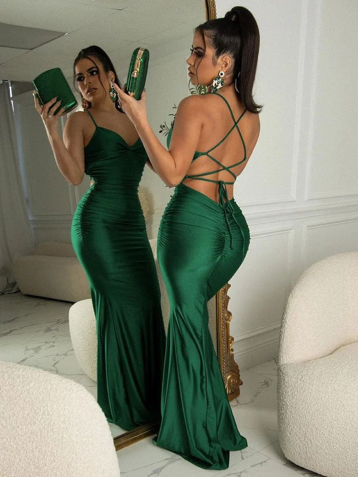Robe de bal longue en satin vert sirène, robe de soirée simple en satin 2483