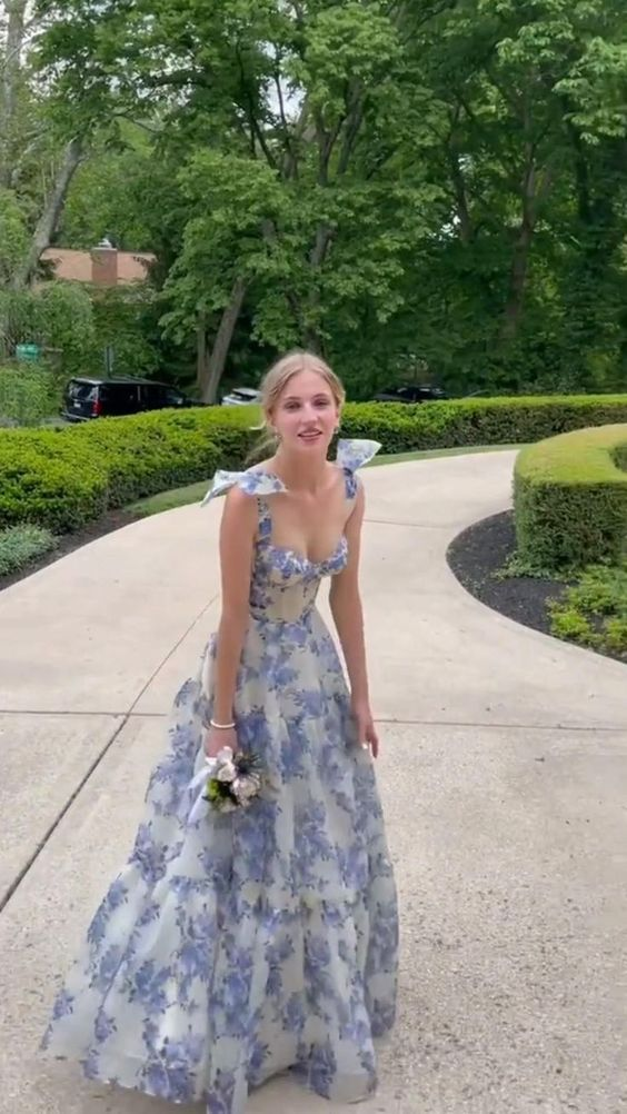 sachin and babi light blue dress Sweetheart A-Line Chiffon Floral Print Ruffle Prom Dress with Slit –  FancyVestido main image 1
