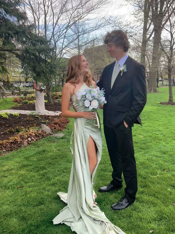 Robe de bal longue fourreau asymétrique, robe de demoiselle d'honneur verte 2488