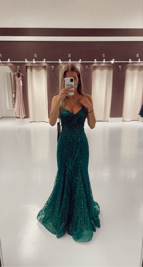 Robe de soirée longue verte à paillettes style sirène en tulle 2476