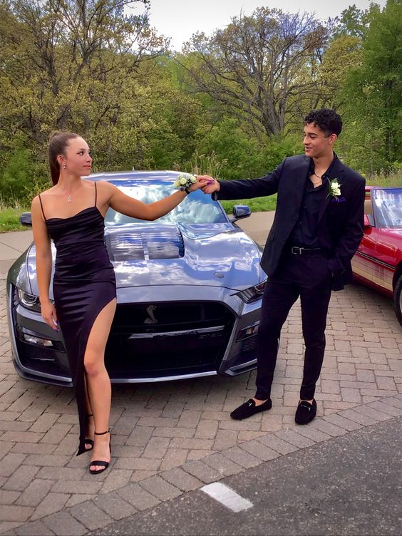 Spaghetti Straps Black Sheath Long Prom Dress With Slit 2531