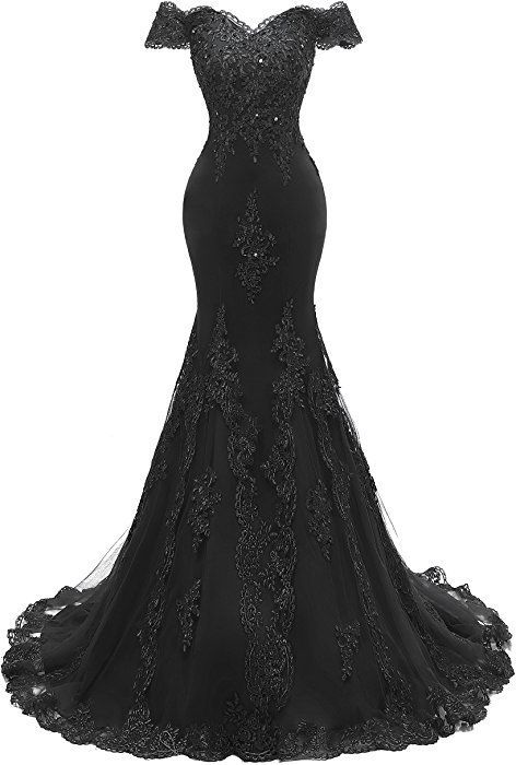 Robe de soirée longue noire style sirène à épaules dénudées et appliques 2549