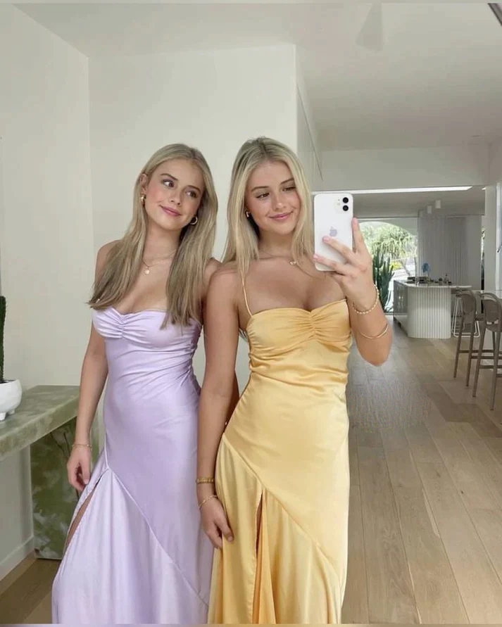 Robe de soirée longue jaune sirène à bretelles spaghetti et fente 2481