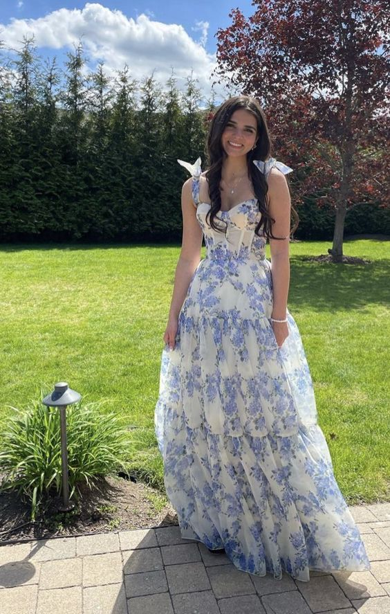 Floral Chiffon A Line Long Prom Dresses 2555