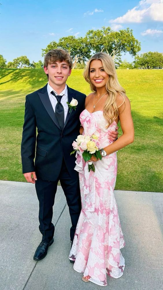 Robe de bal sirène rose bustier à imprimé floral J2607