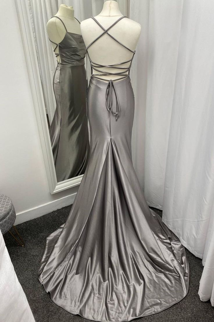 Robe de bal longue sirène grise en satin à bretelles spaghetti J2606