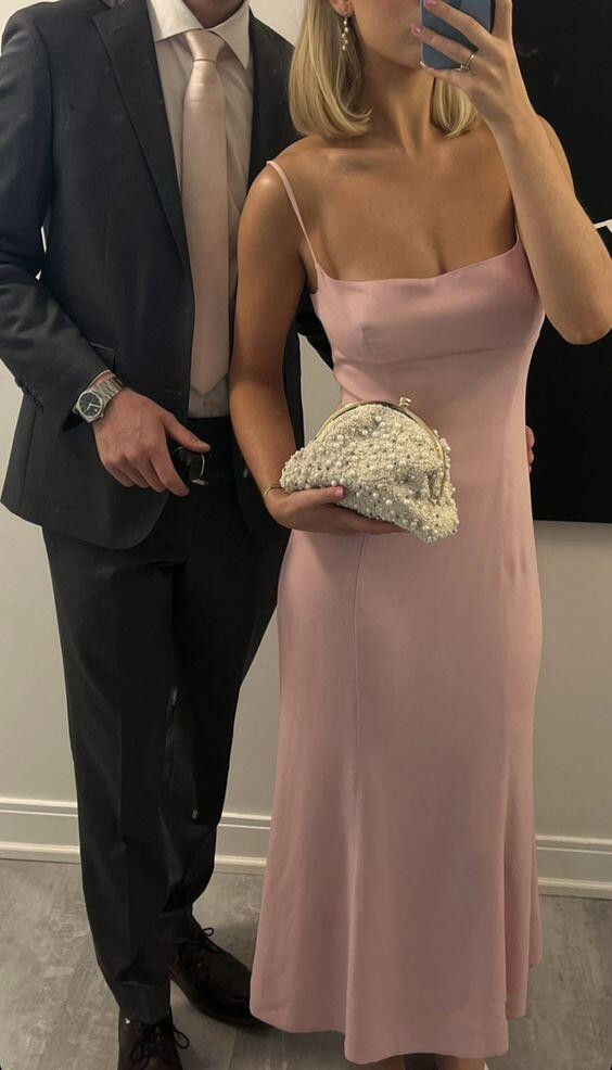 Robe de bal longue fourreau rose à bretelles spaghetti J2616