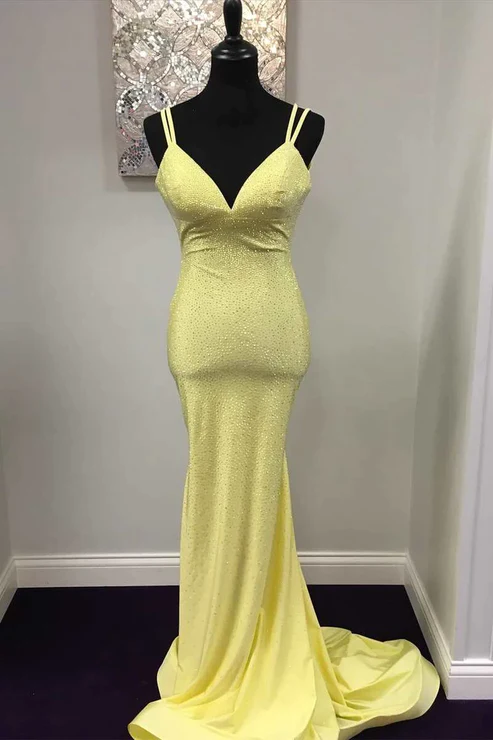 Robe de soirée longue jaune style sirène brillante J2611