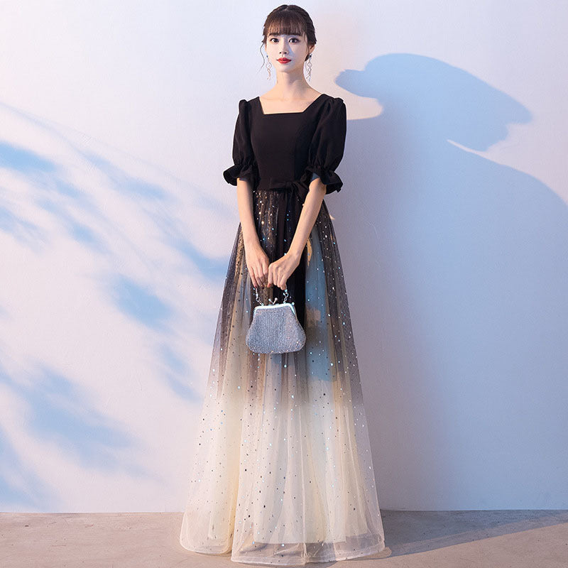 A Line Black Gradient Long Prom Dress Shiny Formal Evening Party Gown 553