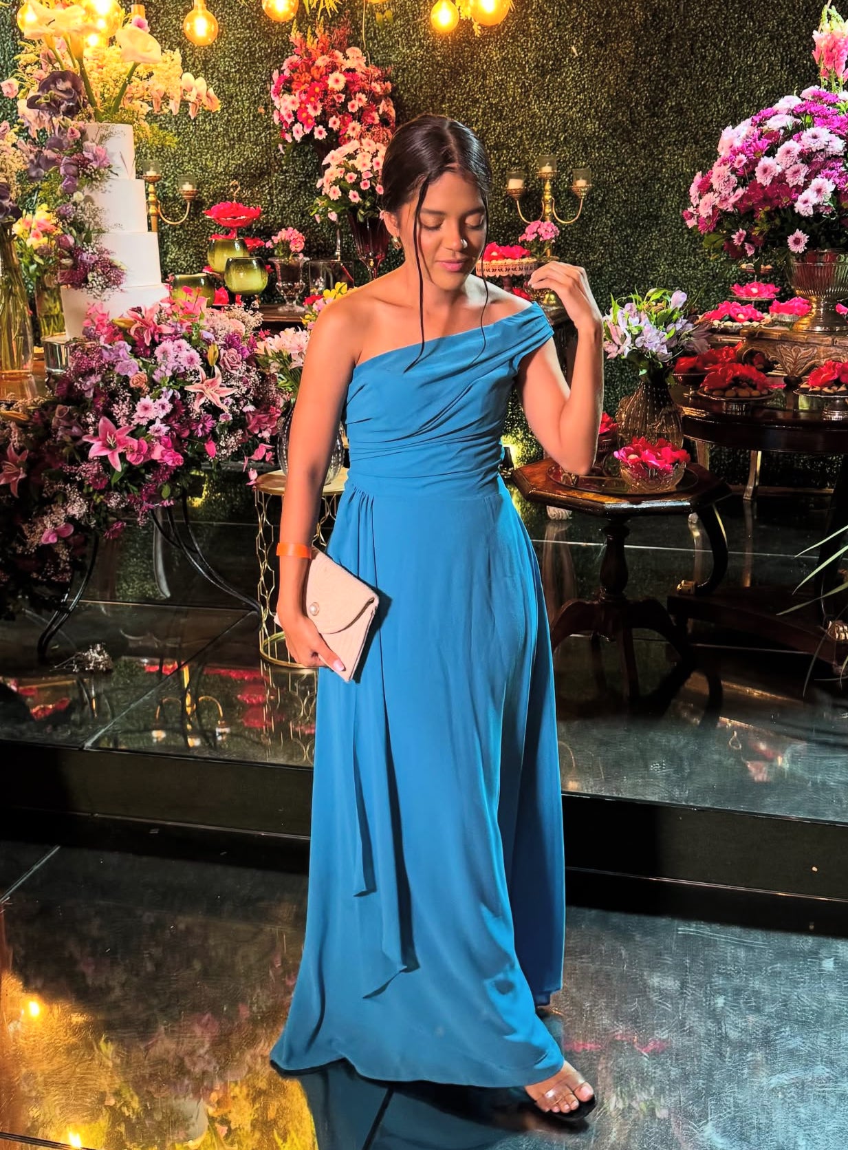 One-Shoulder-Blau A-Linie Hochzeitsgastkleid Chiffon Brautjungfernkleider J7943