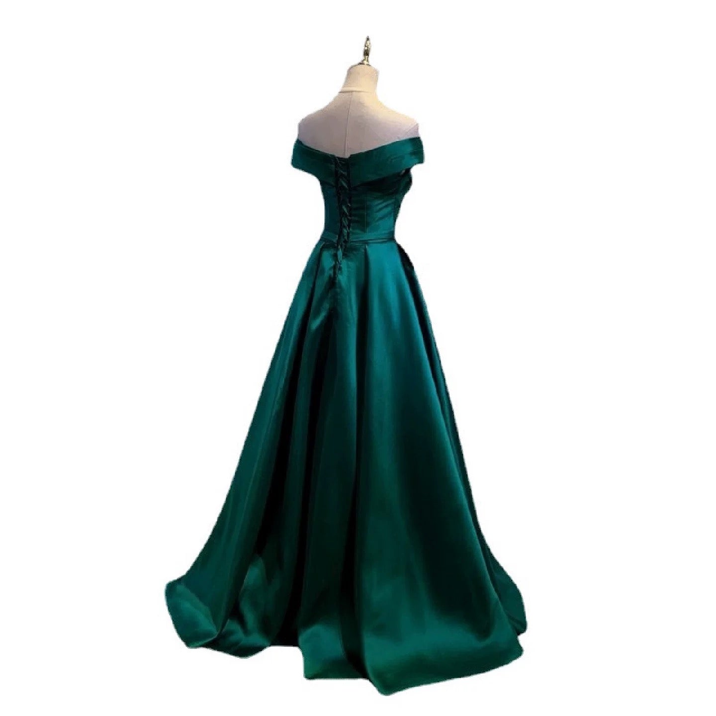 Schulterfreies, langes Ballkleid aus grünem Satin, schlichtes Abendkleid 2241