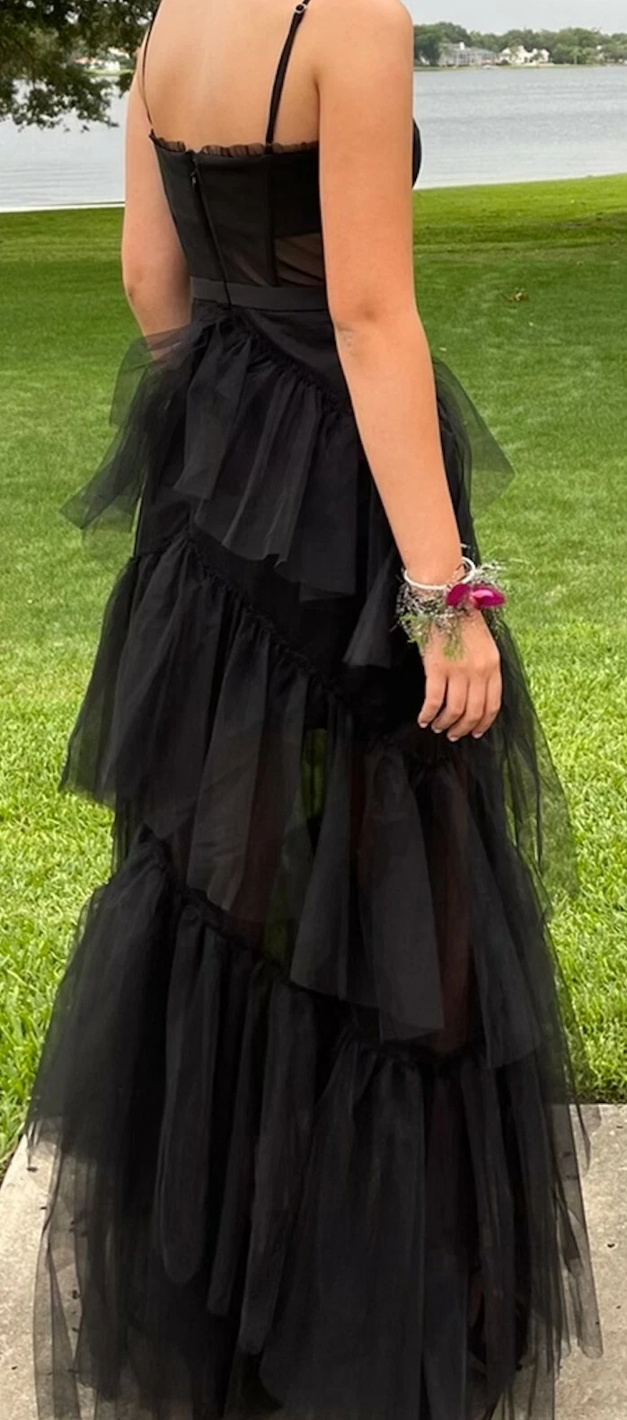 Spaghetti Straps Black A-Line Prom Dress Layered Evening Gown 2269