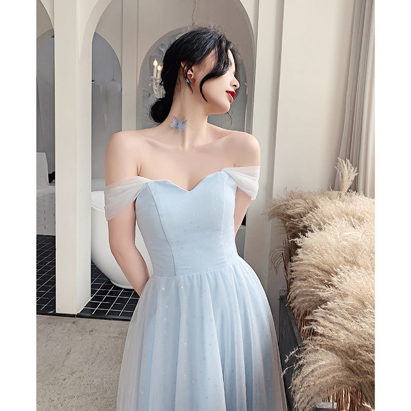 Off Shoulder Baby Blue Prom Dress A Line Tulle Formal Party Gown 690
